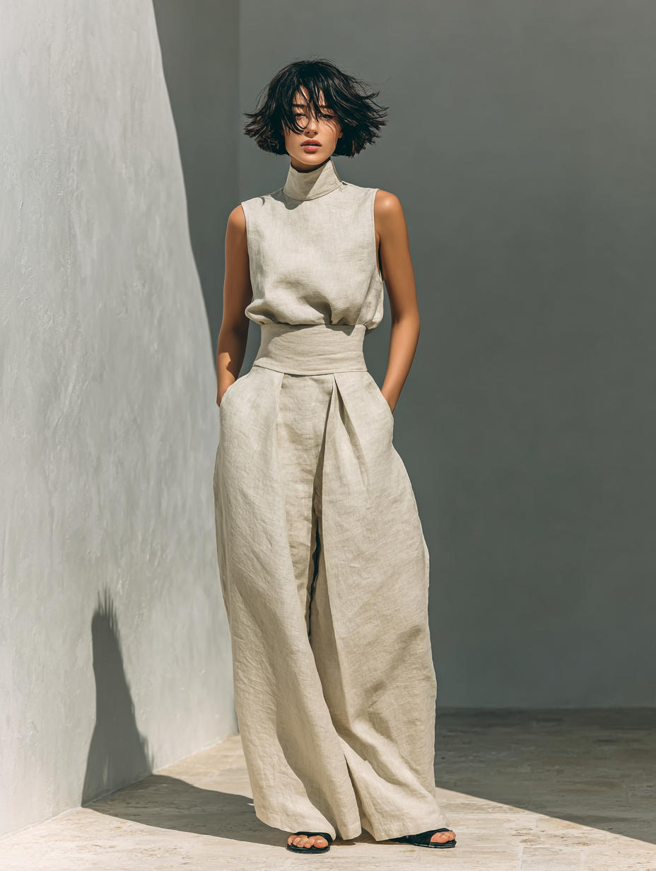 Set consisting of a sleeveless blouse and wide-leg pants made of a cotton-linen blend.