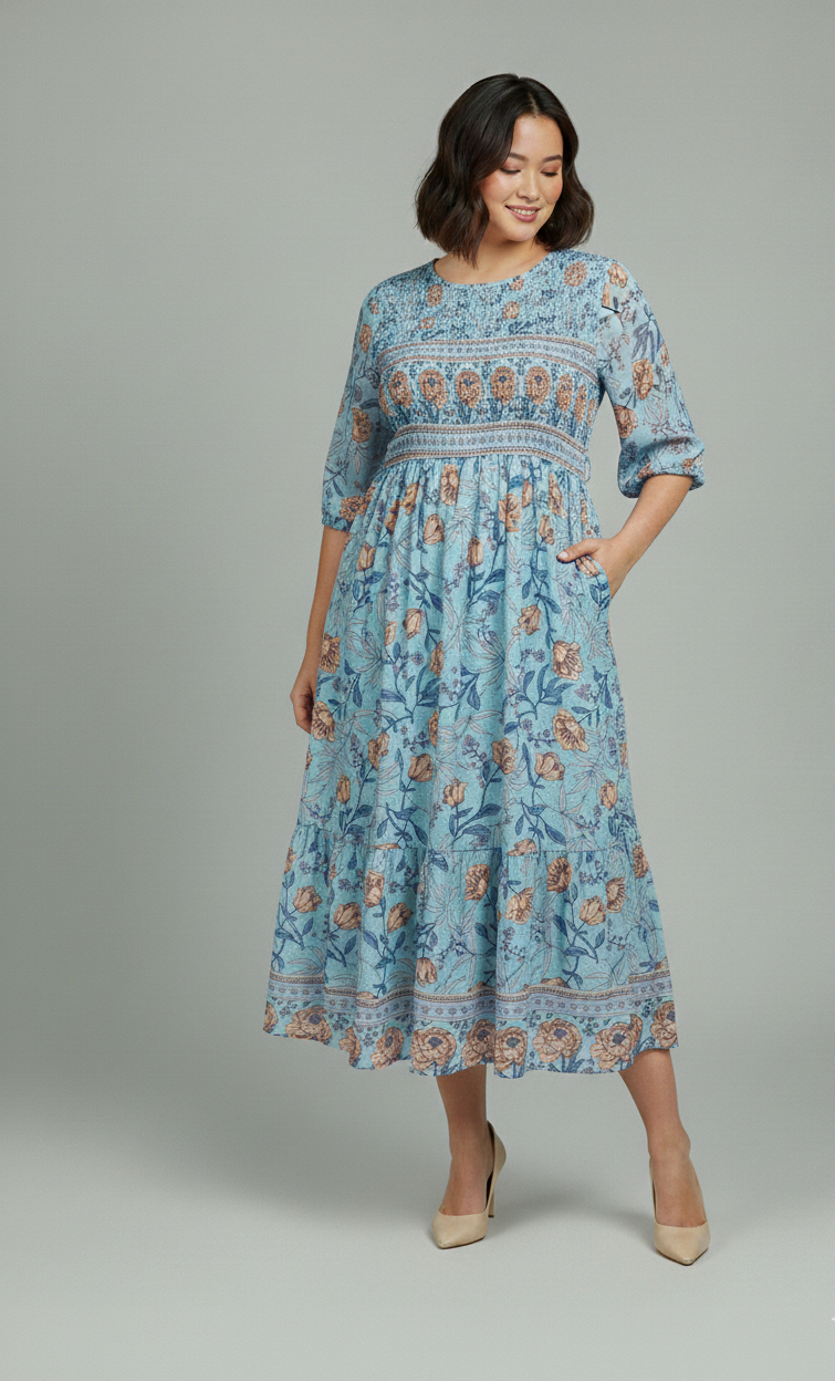 DARCIE | FLOWING PETAL DRESS WITH ELEGANT TUMMY COVERAGE