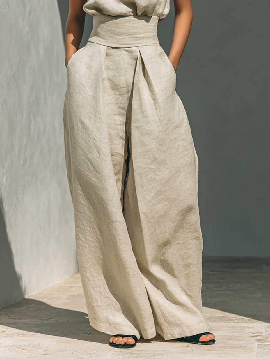 Set consisting of a sleeveless blouse and wide-leg pants made of a cotton-linen blend.