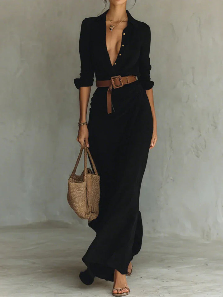 Camille™ | Maxi Dress with Lapels and Waist Belt