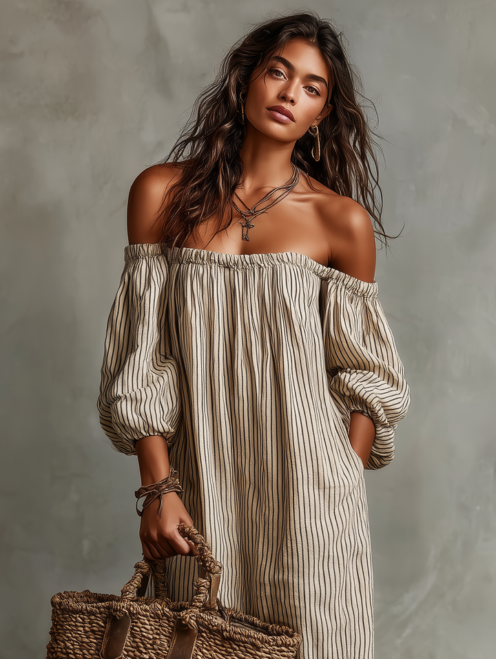 Carmen | Long cotton and linen dress with off-the-shoulder design