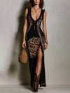 Bohemian-Style Printed Dress with Deep V-Neck and High Slit