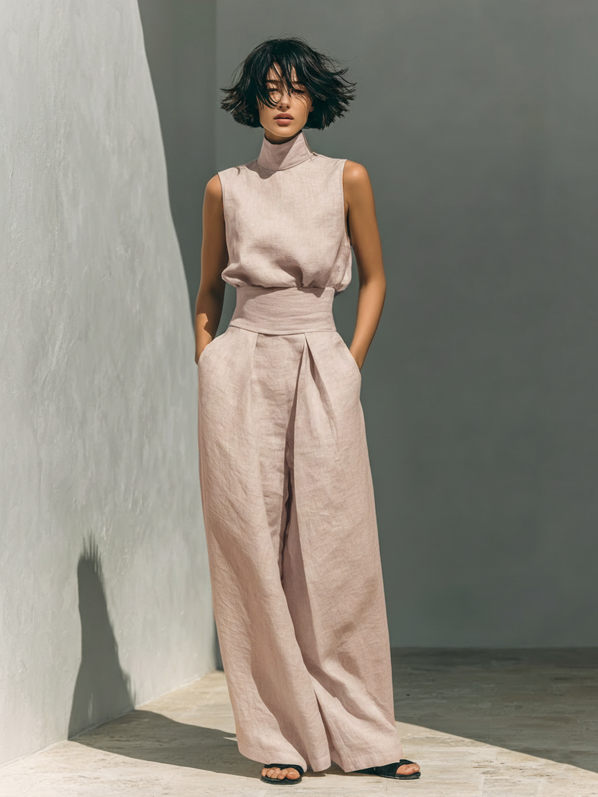 Set consisting of a sleeveless blouse and wide-leg pants made of a cotton-linen blend.