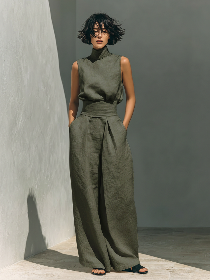 Set consisting of a sleeveless blouse and wide-leg pants made of a cotton-linen blend.