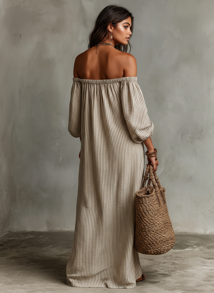 Carmen | Long cotton and linen dress with off-the-shoulder design