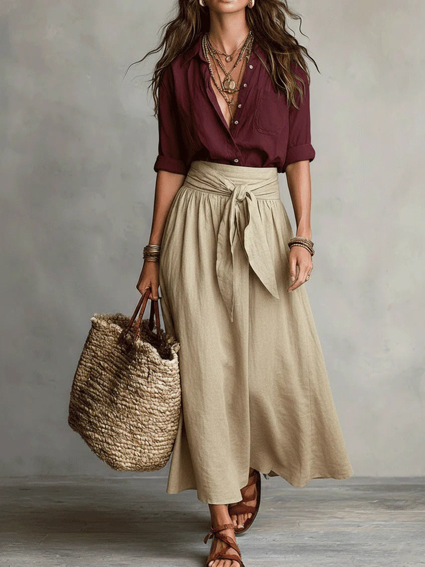 Vera – Two-Piece Set: Black T-Shirt and Olive Green Midi Skirt