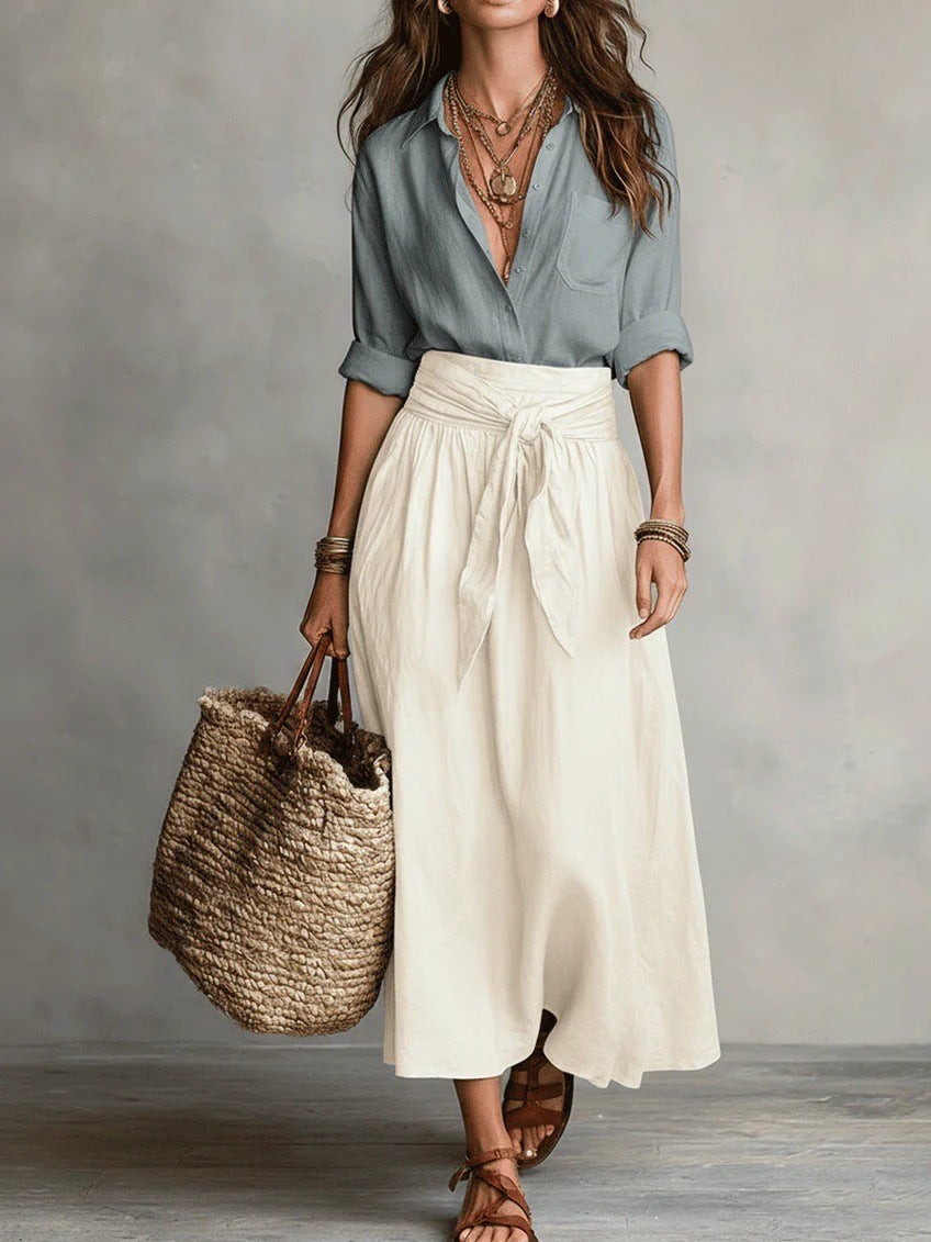 Vera – Two-Piece Set: Black T-Shirt and Olive Green Midi Skirt
