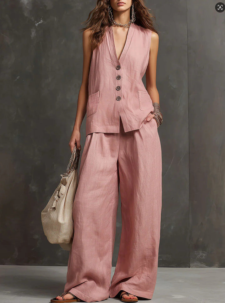Two-piece cotton and linen outfit with sleeveless vest and wide-leg pants