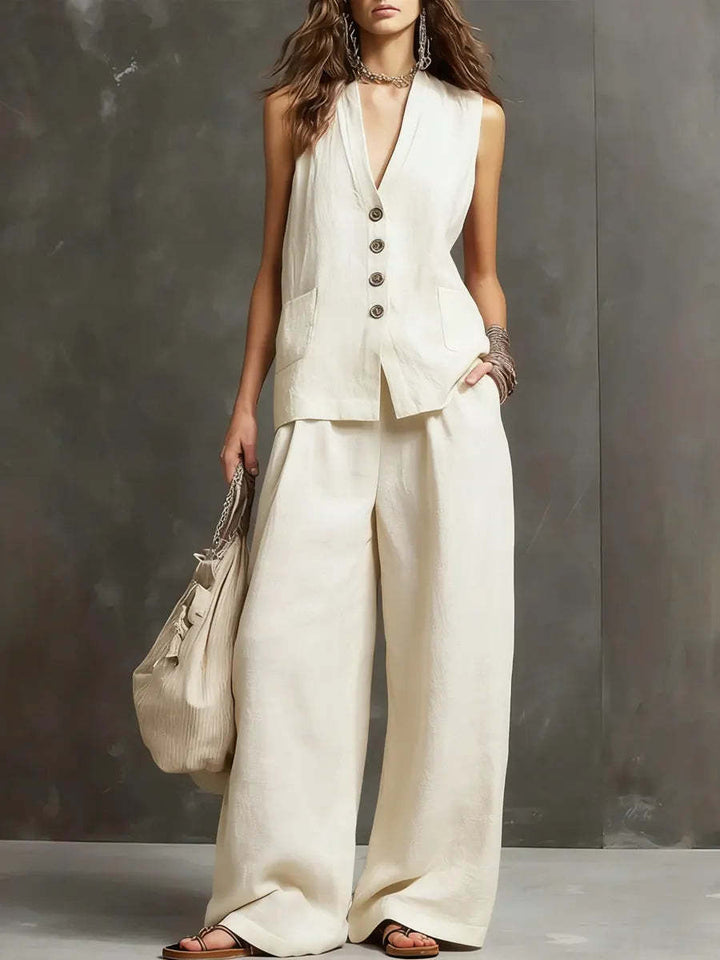Two-piece cotton and linen outfit with sleeveless vest and wide-leg pants