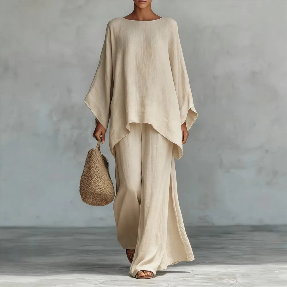 Lovina | Long Leg Wide-Leg Linen Pants Set with Long Sleeves
