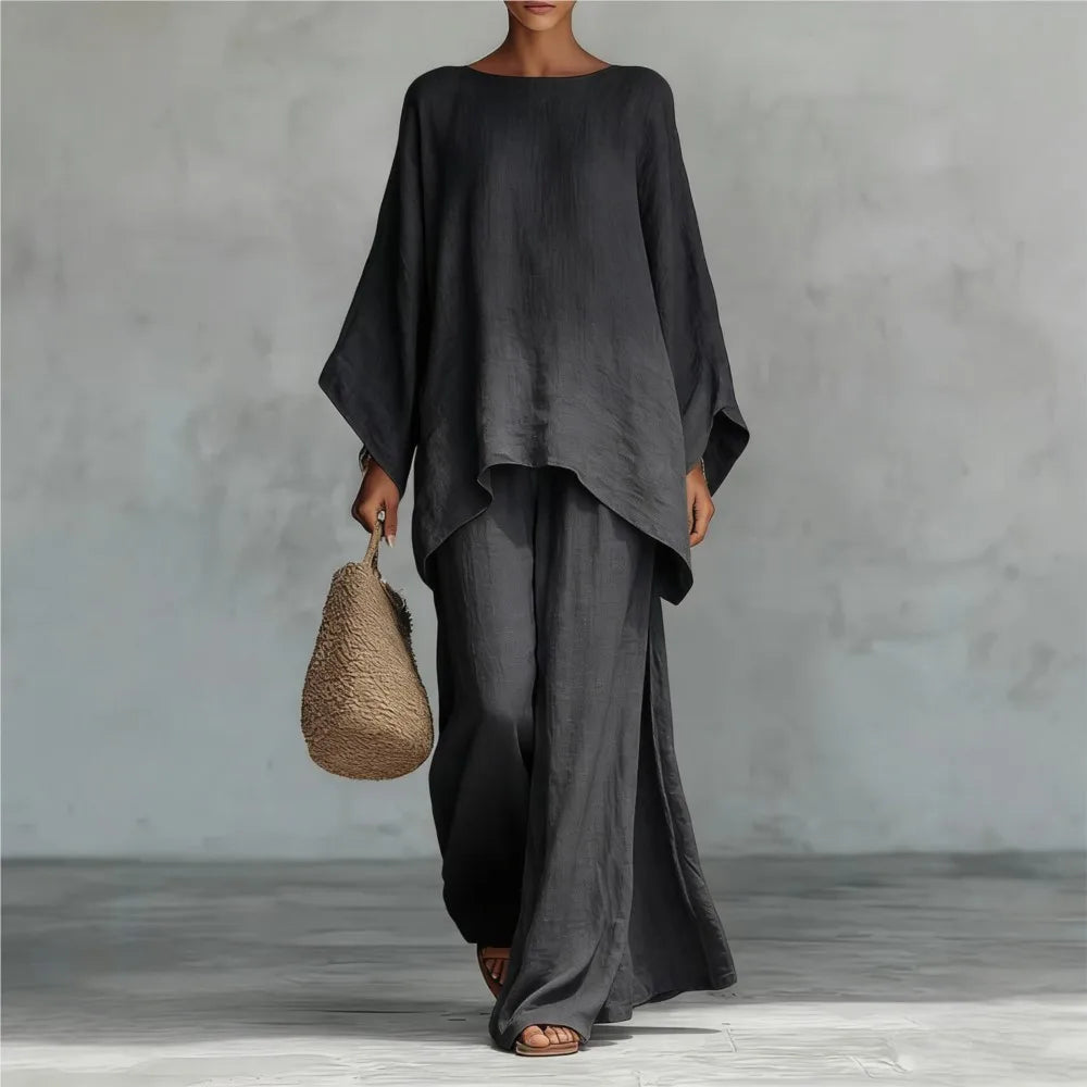 Lovina | Long Leg Wide-Leg Linen Pants Set with Long Sleeves