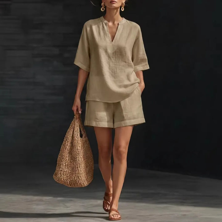 Liorna | Long Sleeve Blouse with Drawstring and Ruffled Shorts
