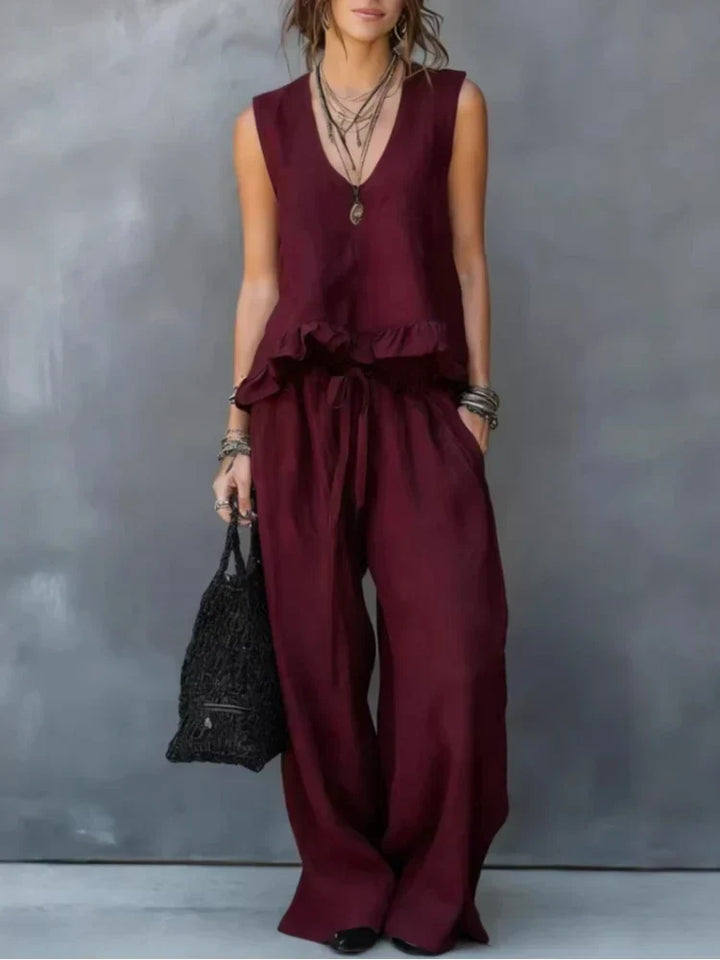 Clara | Two-Piece Pant Set with Sleeveless V-Neck Top and Ruffles