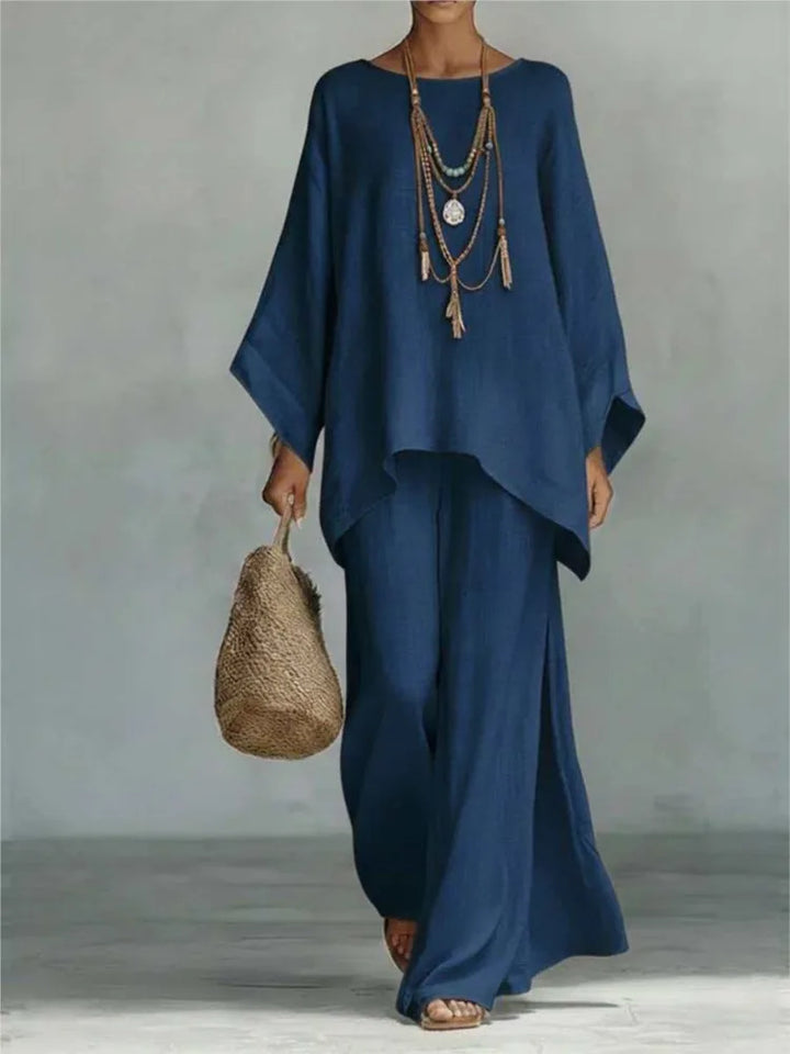 Lovina | Long Leg Wide-Leg Linen Pants Set with Long Sleeves