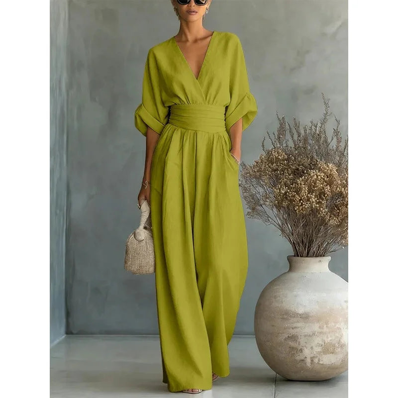 Viana | Elegant High-Waisted Trousers with V-Neck and Wide Leg