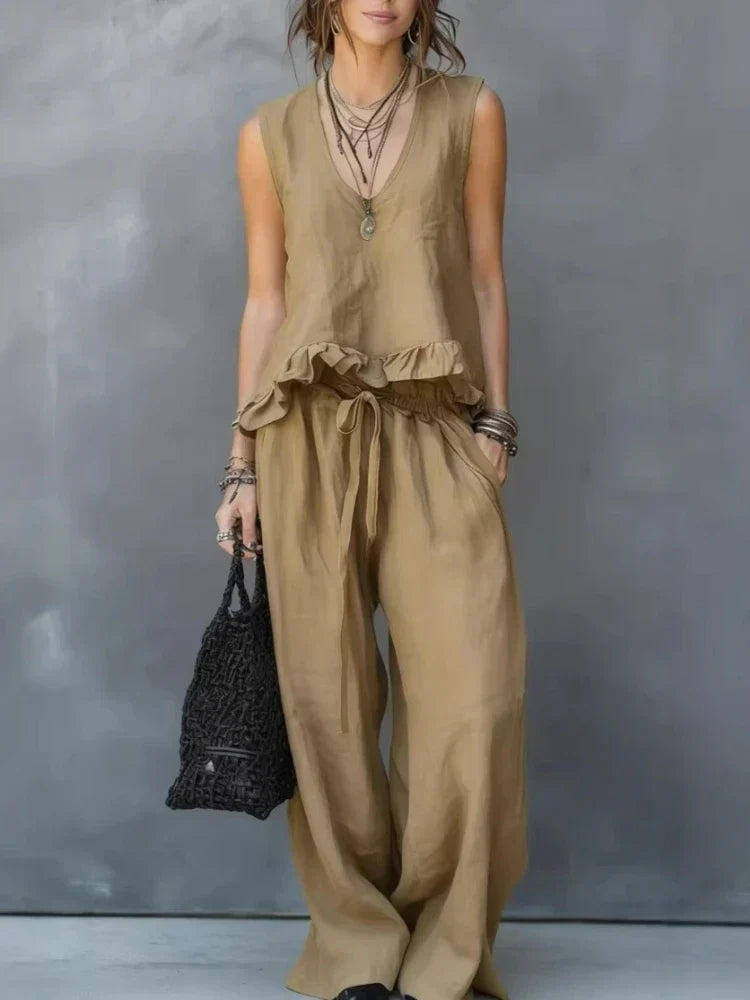 Clara | Two-Piece Pant Set with Sleeveless V-Neck Top and Ruffles