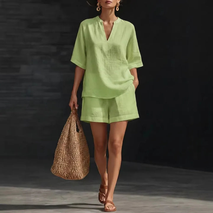Liorna | Long Sleeve Blouse with Drawstring and Ruffled Shorts