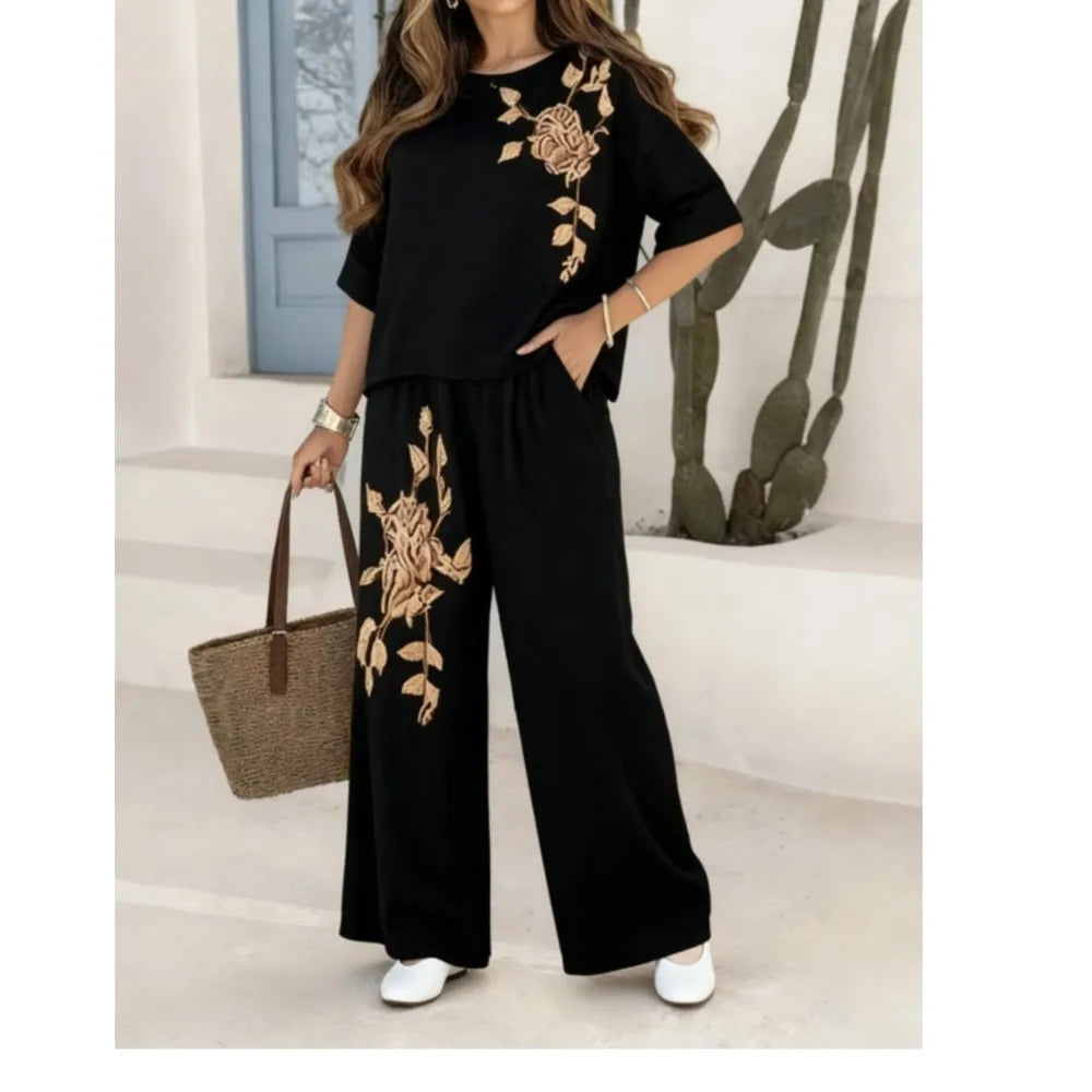 Felena | Elegant Wide-Leg Embroidered Pants Set