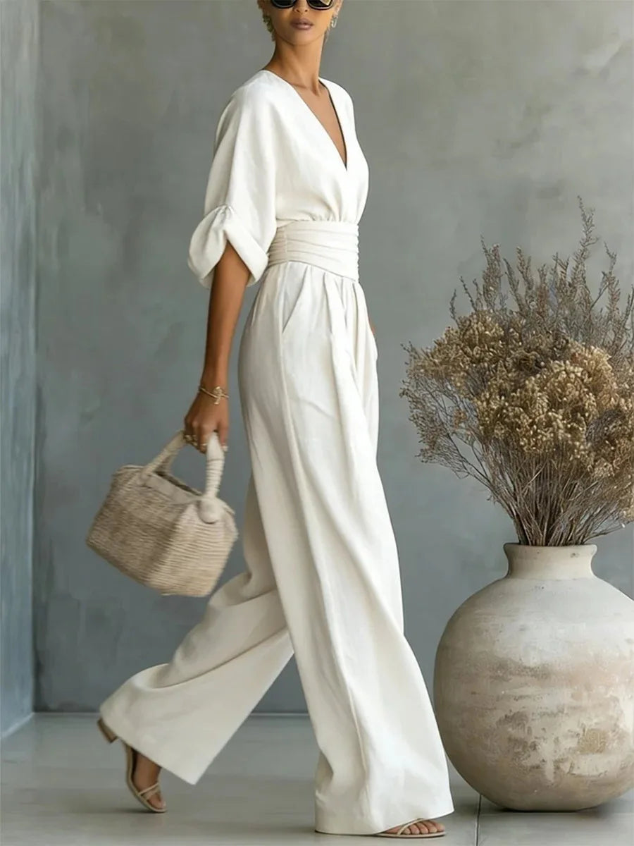 Viana | Elegant High-Waisted Trousers with V-Neck and Wide Leg