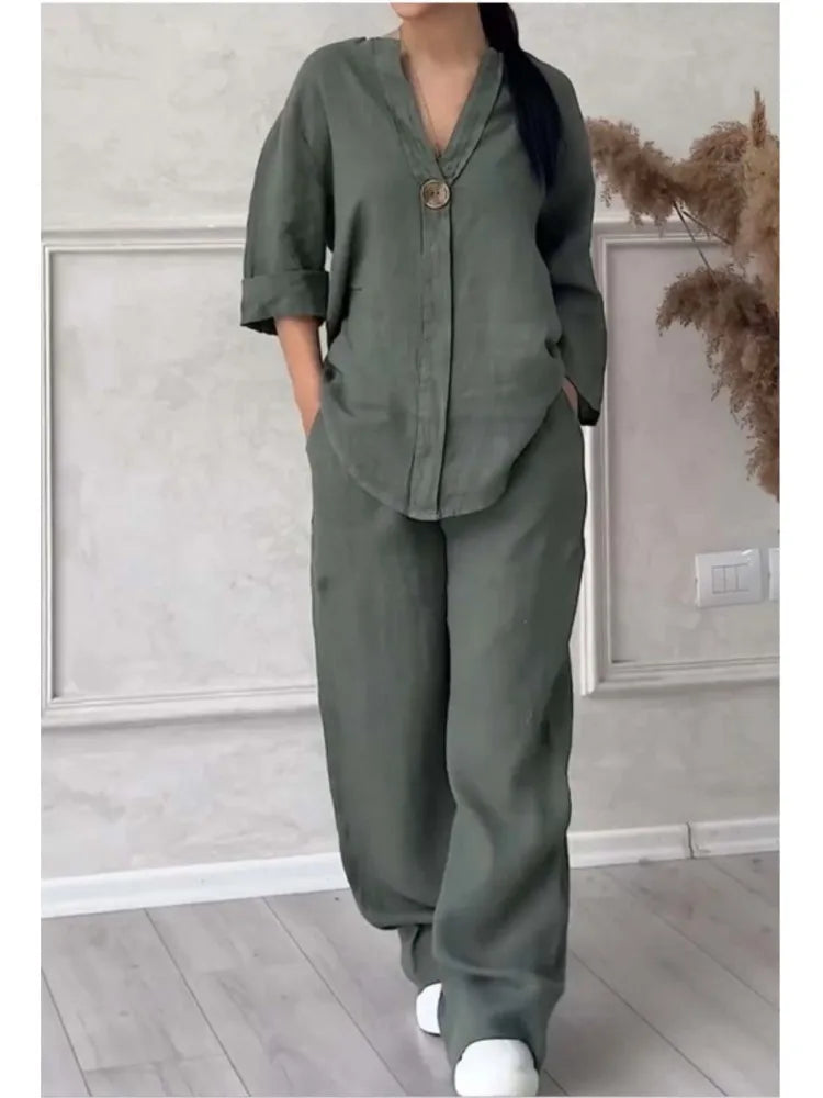 Mariana | Casual V-Neck Top and Wide Leg Pants Set