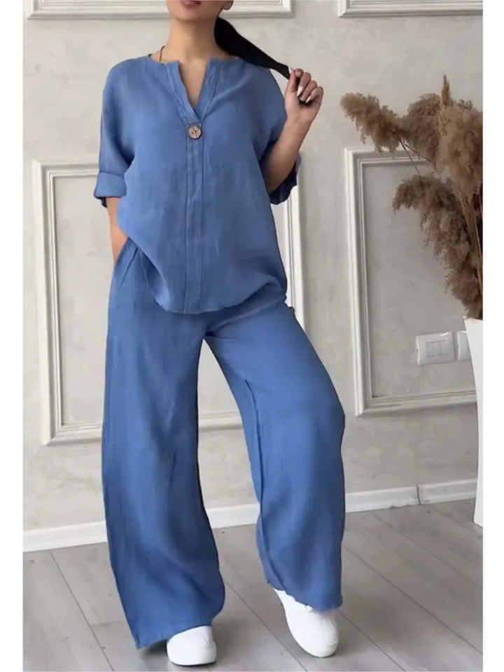 Mariana | Casual V-Neck Top and Wide Leg Pants Set