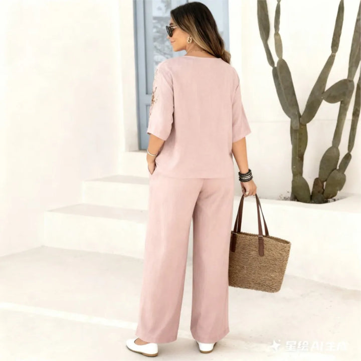 Felena | Elegant Wide-Leg Embroidered Pants Set