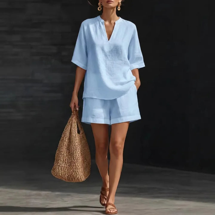 Liorna | Long Sleeve Blouse with Drawstring and Ruffled Shorts