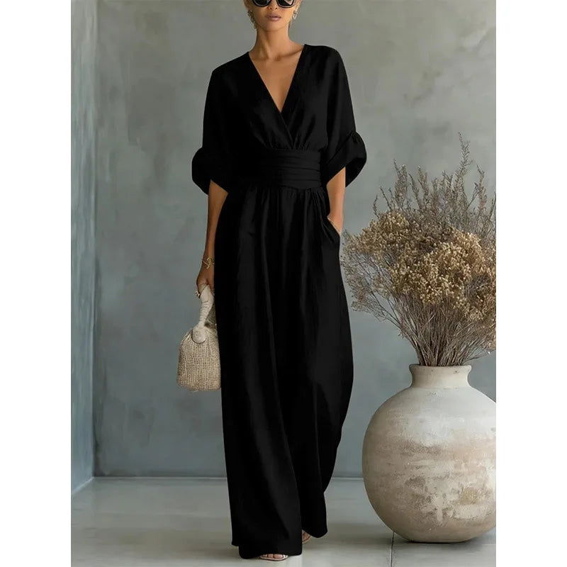 Viana | Elegant High-Waisted Trousers with V-Neck and Wide Leg