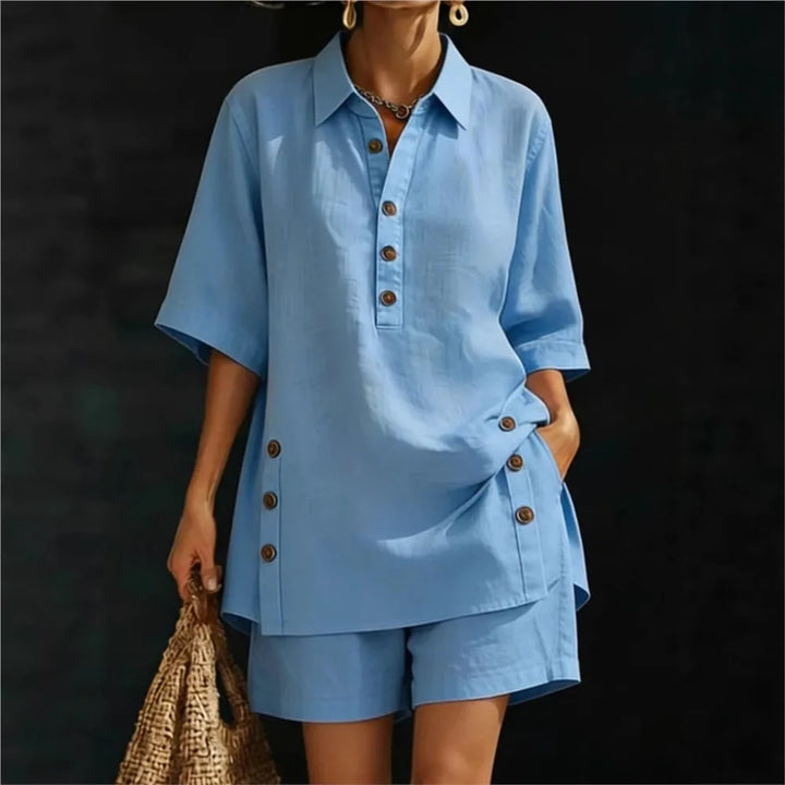 Solena | Short-sleeved shirt with a lapel collar and pants with slit pockets