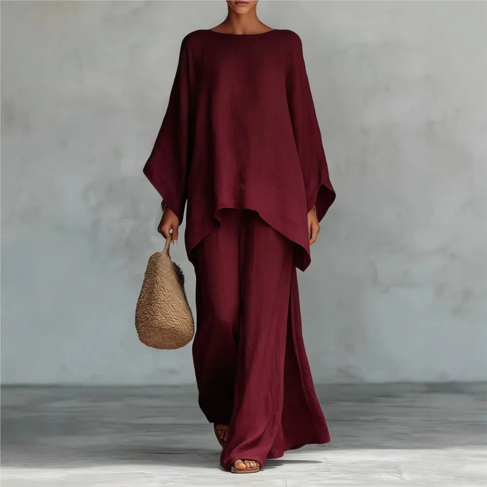 Lovina | Long Leg Wide-Leg Linen Pants Set with Long Sleeves