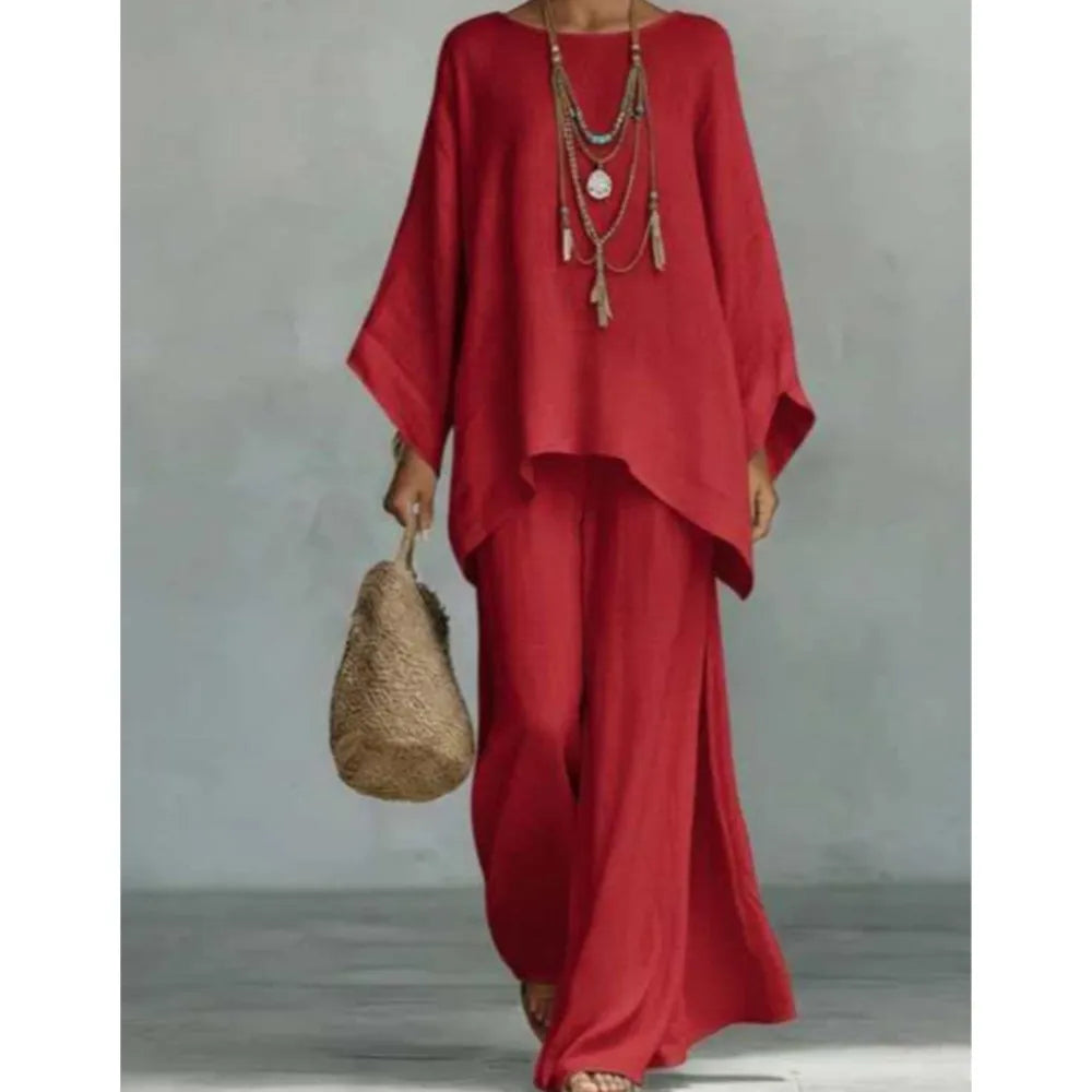 Lovina | Long Leg Wide-Leg Linen Pants Set with Long Sleeves