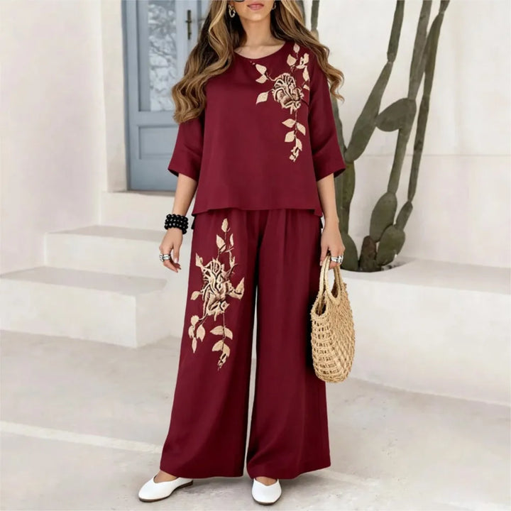 Felena | Elegant Wide-Leg Embroidered Pants Set