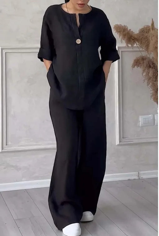 Mariana | Casual V-Neck Top and Wide Leg Pants Set