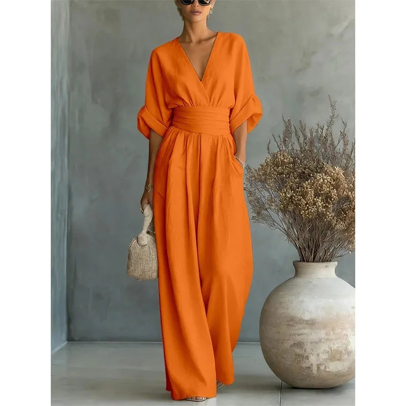 Viana | Elegant High-Waisted Trousers with V-Neck and Wide Leg