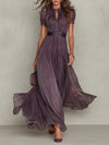 Flavia | Long purple dress with keyhole neckline, chiffon lace trim