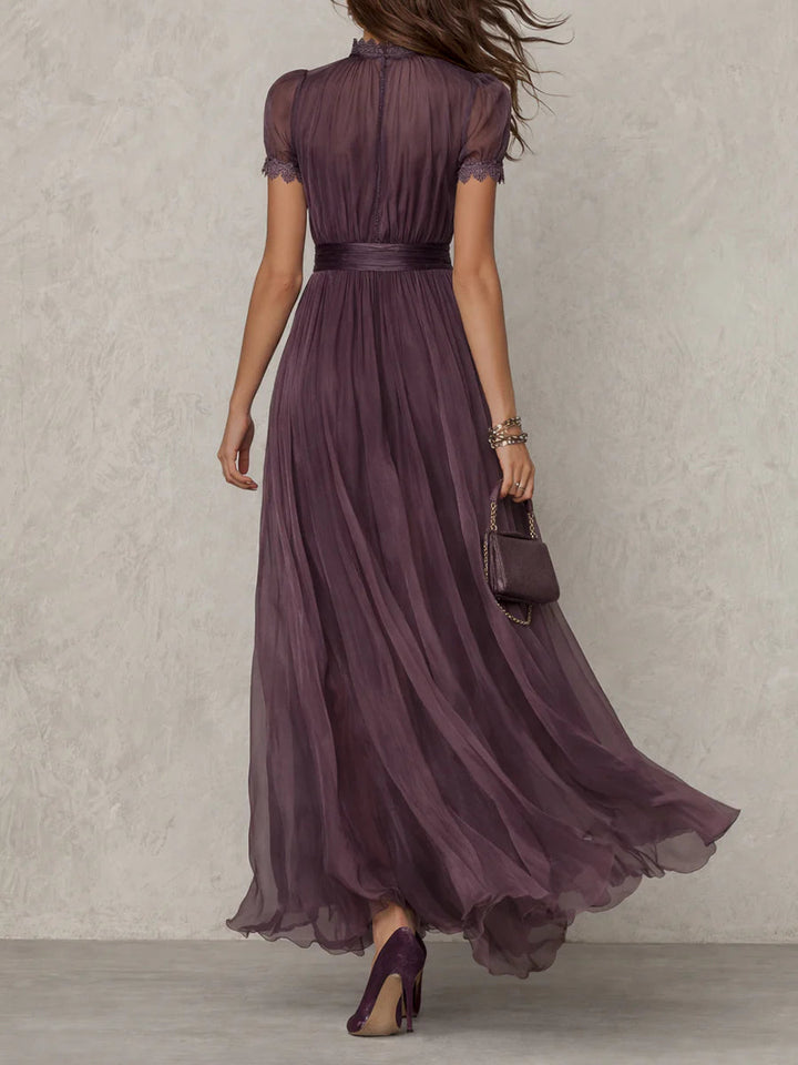 Flavia | Long purple dress with keyhole neckline, chiffon lace trim