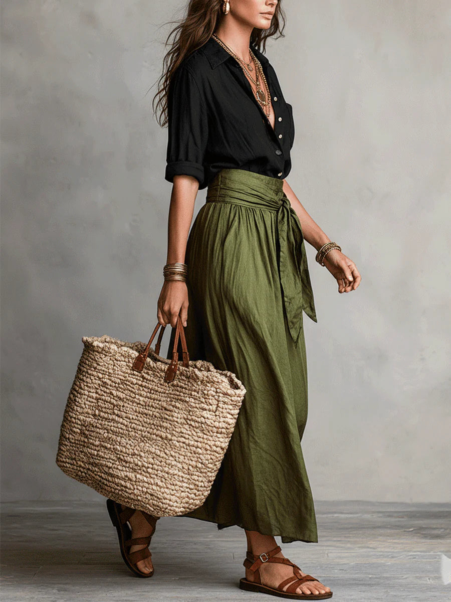 Vera – Two-Piece Set: Black T-Shirt and Olive Green Midi Skirt