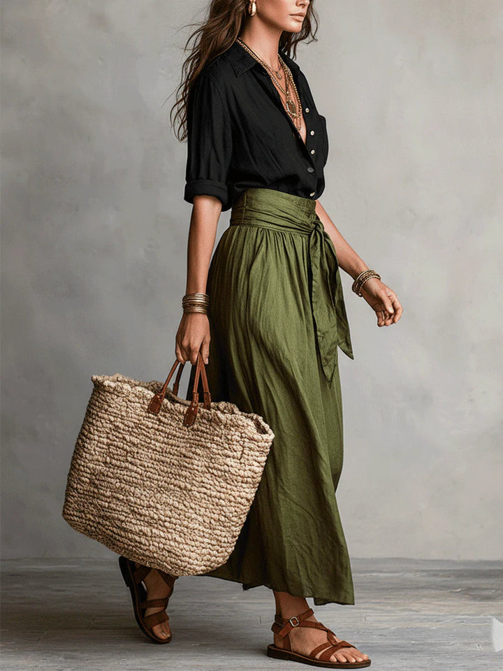 Vera – Two-Piece Set: Black T-Shirt and Olive Green Midi Skirt