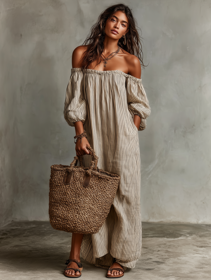 Carmen | Long cotton and linen dress with off-the-shoulder design