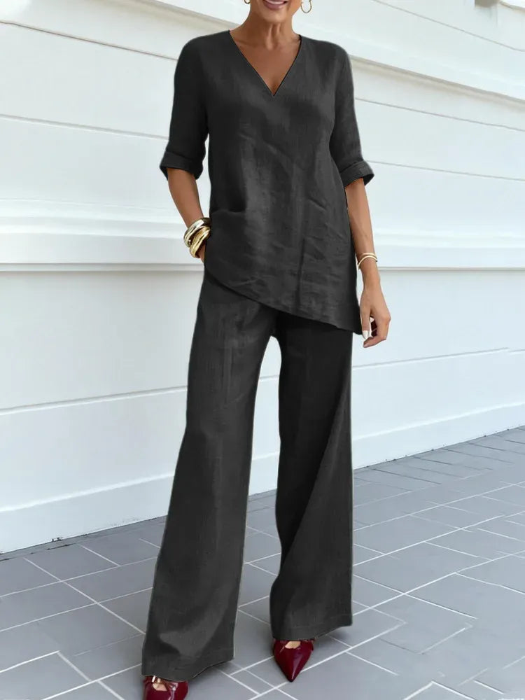 Susana | Two-Piece Set with Short Sleeve Top and Straight Pants