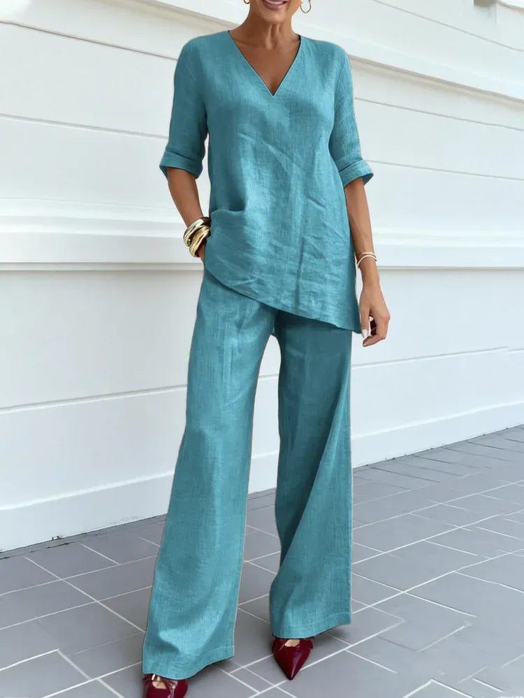 Susana | Two-Piece Set with Short Sleeve Top and Straight Pants