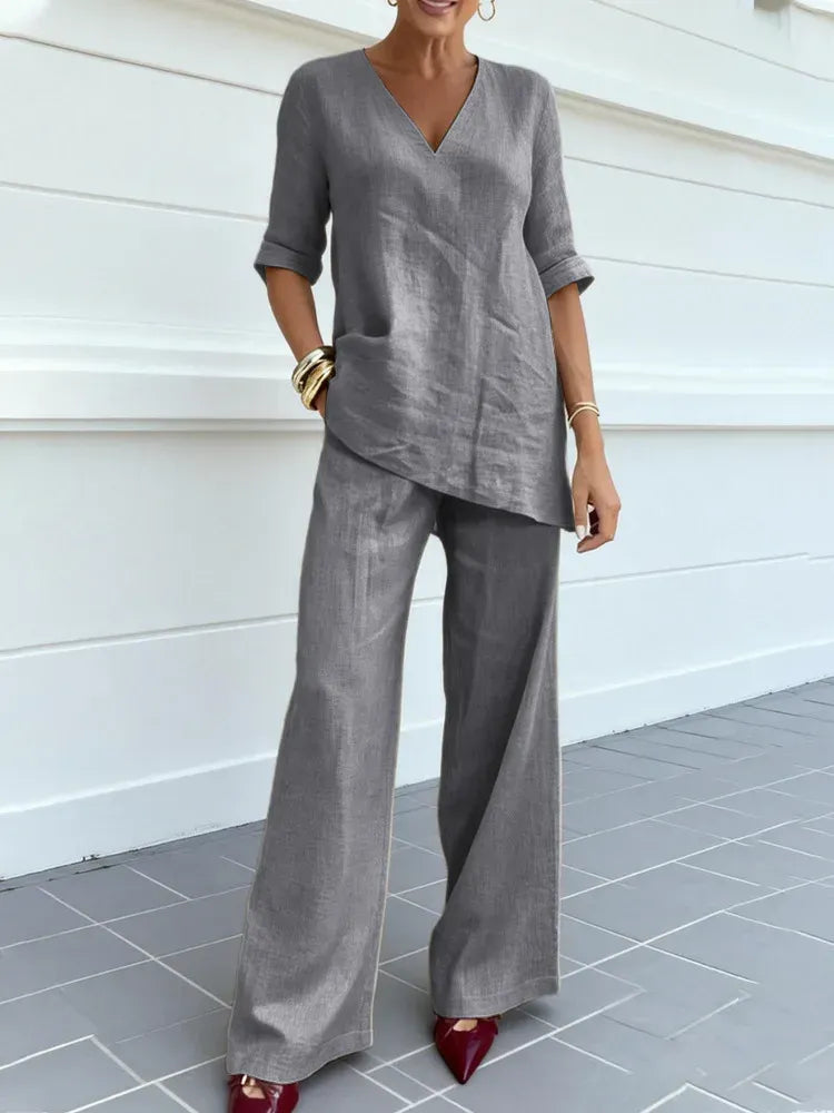 Susana | Two-Piece Set with Short Sleeve Top and Straight Pants